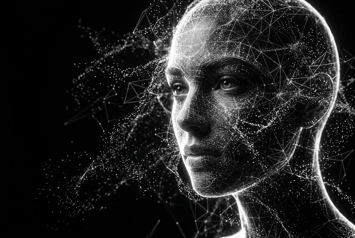 Monochrome portrait of a human face overlaid with a glowing wireframe mesh and scattered data points, suggesting AI-guided creative direction.