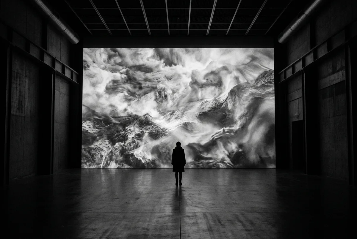 Lone silhouetted figure standing in a dark gallery before a towering screen of swirling black-and-white mountain imagery, evoking immersive AI-native products.
