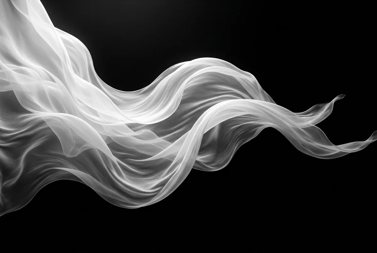 Flowing translucent white fabric drifting across a black background, suggesting fluid, automated workflows and agent systems.
